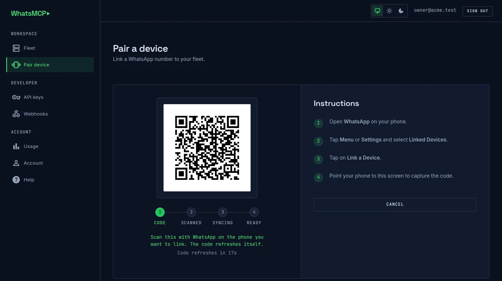 The WhatsMCP console's Pair device page: a QR code to scan from WhatsApp's Linked devices screen, above a four-stage progress indicator reading code, scanned, syncing, ready.